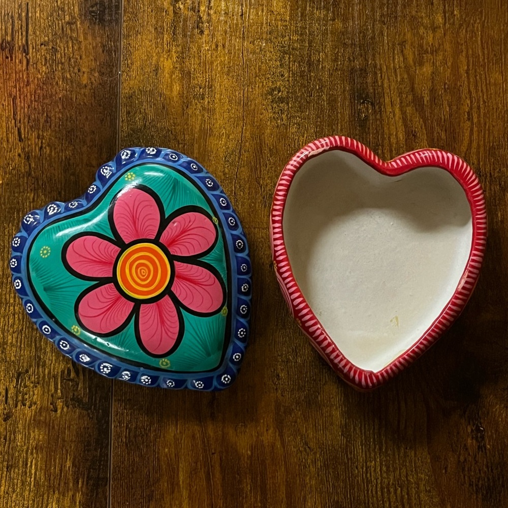 Hand-Painted Heart Trinket Box - Pink Flower on Teal Lid